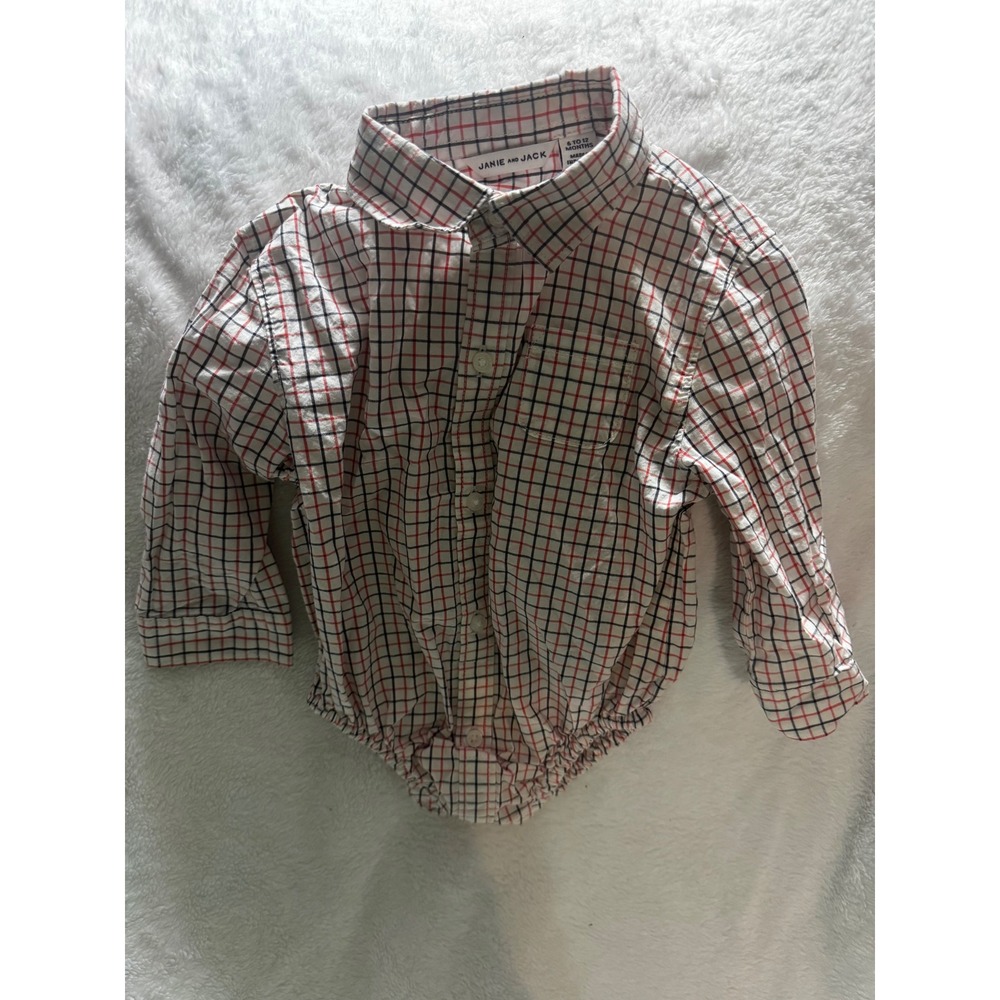 Janie and Jack Baby Boys Red Navy Plaid Button Down Bodysuit 6-12 Months